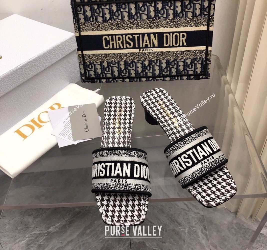 Dior Dway Heel Slide Sandals 3.5cm in Black and White Micro-Houndstooth Embroidered Cotton 2024 0326 (MD-240326013)