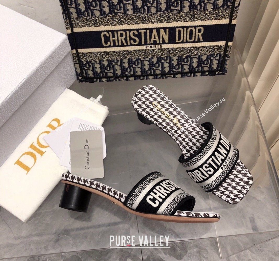 Dior Dway Heel Slide Sandals 3.5cm in Black and White Micro-Houndstooth Embroidered Cotton 2024 0326 (MD-240326013)