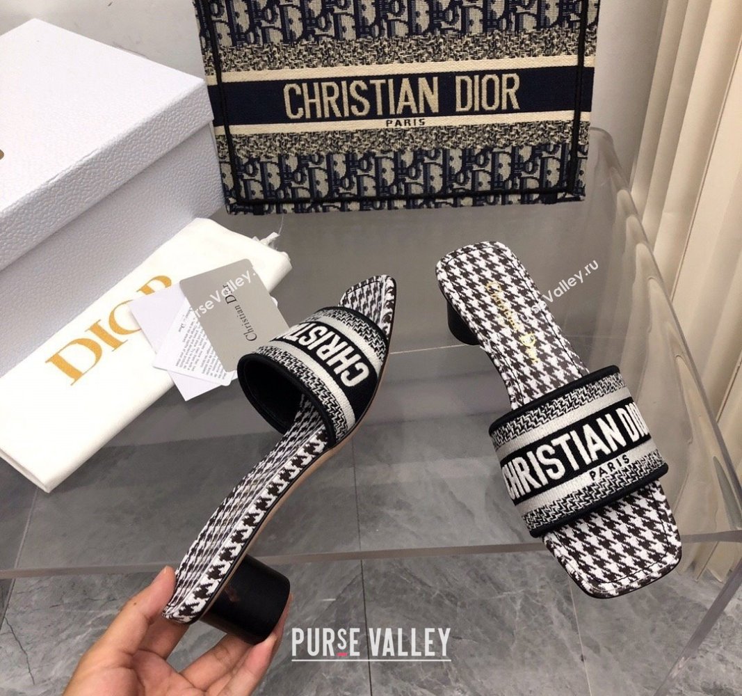 Dior Dway Heel Slide Sandals 3.5cm in Black and White Micro-Houndstooth Embroidered Cotton 2024 0326 (MD-240326013)