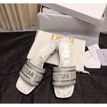 Dior Dway Heel Slide Sandals 3.5cm in Silver-Tone Embroidered Cotton 2024 0326 (MD-240326014)