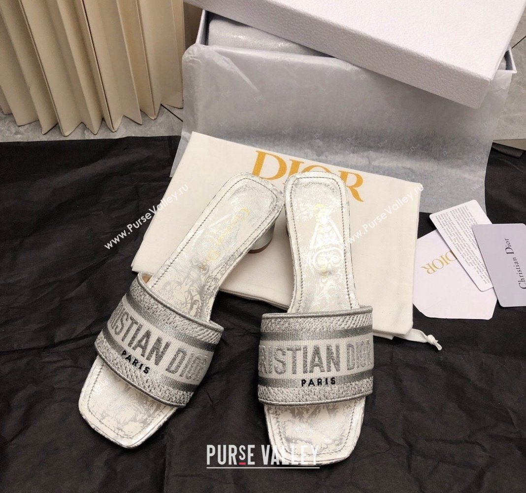 Dior Dway Heel Slide Sandals 3.5cm in Silver-Tone Embroidered Cotton 2024 0326 (MD-240326014)