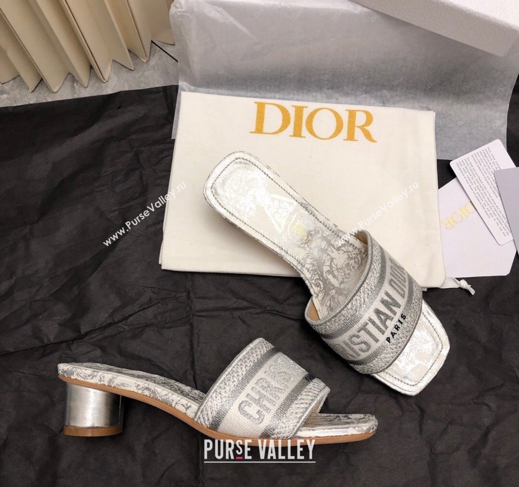 Dior Dway Heel Slide Sandals 3.5cm in Silver-Tone Embroidered Cotton 2024 0326 (MD-240326014)