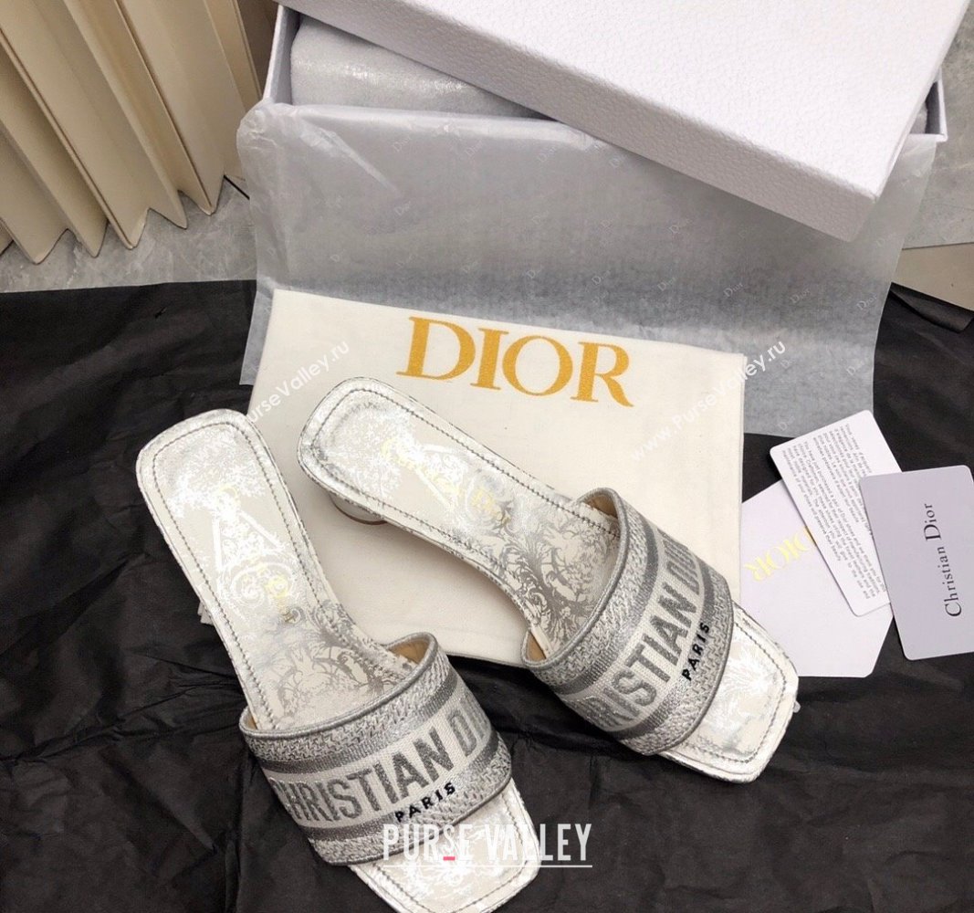 Dior Dway Heel Slide Sandals 3.5cm in Silver-Tone Embroidered Cotton 2024 0326 (MD-240326014)