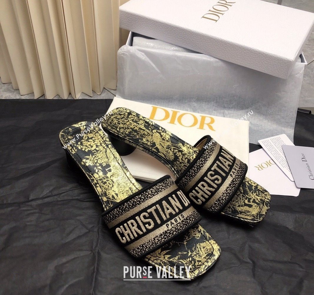 Dior Dway Heel Slide Sandals 3.5cm in Black and Gold Embroidered Cotton 2024 032602 (MD-240326015)