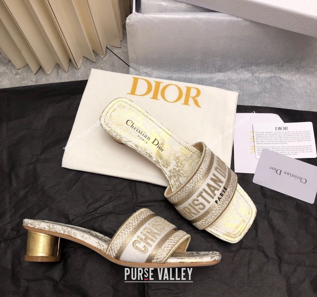 Dior Dway Heel Slide Sandals 3.5cm in Gold-Tone Embroidered Cotton 2024 0326 (MD-240326016)