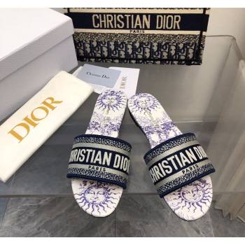 Dior Dway Flat Slide Sandals in Embroidered Cotton and White and Blue Toile de Jouy Soleil Motif 2024 NO.160 (MD-240326021)