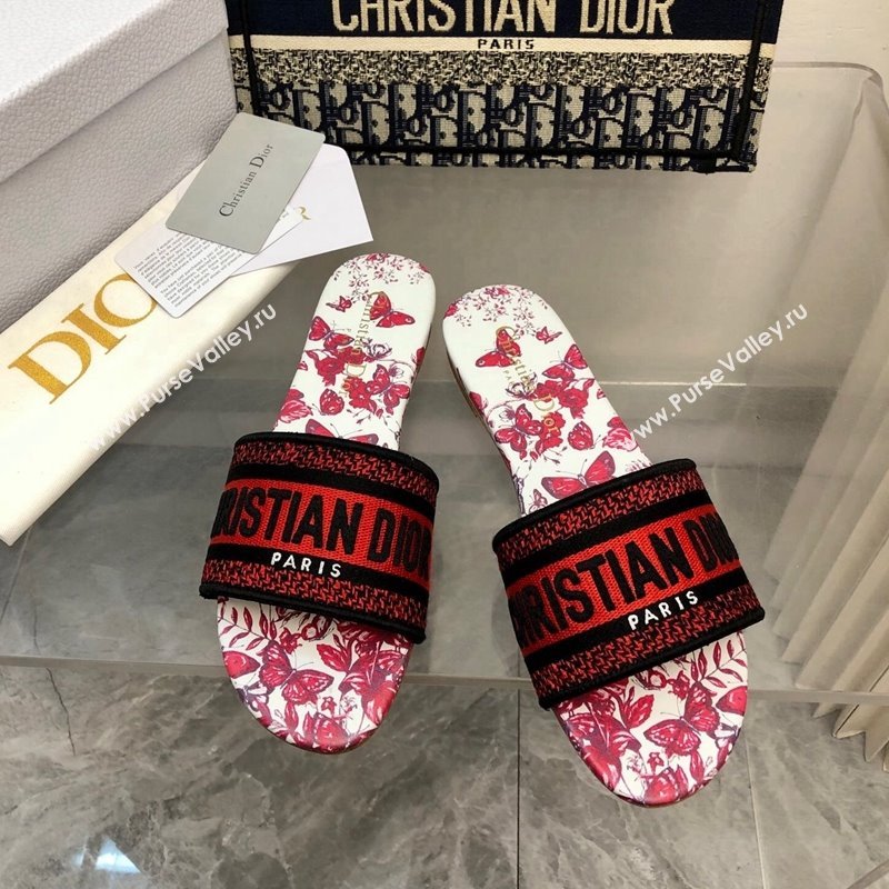 Dior Dway Flat Slide Sandals in White and Red Embroidered Cotton with Le Cœur des Papillons Motif 2024 NO.156 (MD-240326023)