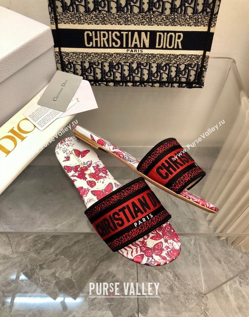 Dior Dway Flat Slide Sandals in White and Red Embroidered Cotton with Le Cœur des Papillons Motif 2024 NO.156 (MD-240326023)