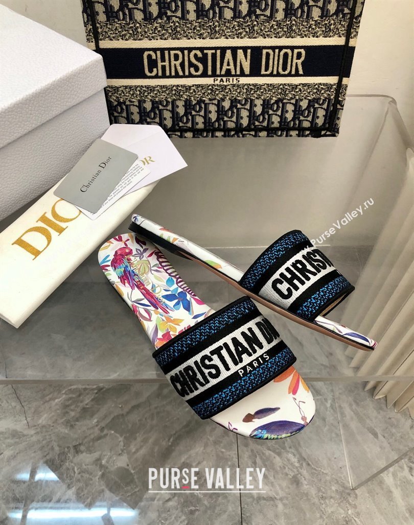 Dior Dway Flat Slide Sandals in White Multicolor Embroidered Cotton with Toile de Jouy Fantastica Motif NO.155 (MD-240326024)