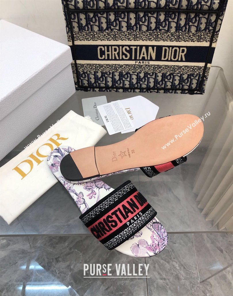 Dior Dway Flat Slide Sandals in Pink Embroidered Cotton with Toile de Jouy Mexico Motif NO.153 (MD-240326026)