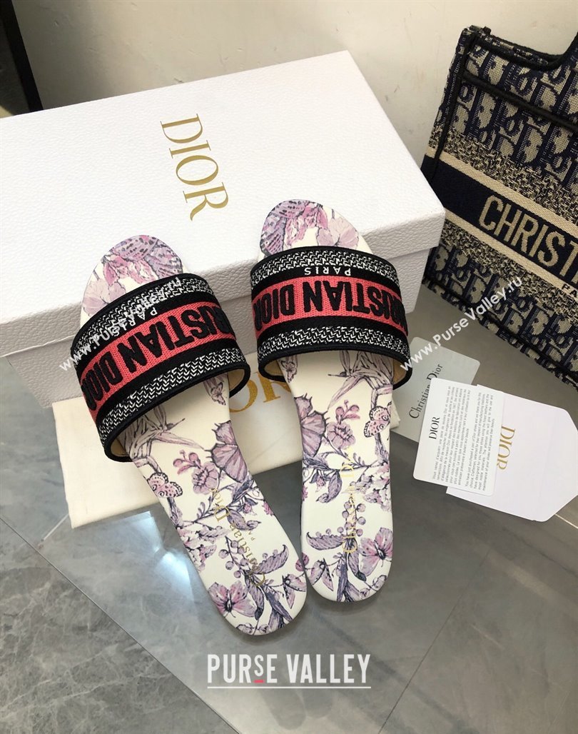 Dior Dway Flat Slide Sandals in Pink Embroidered Cotton with Toile de Jouy Mexico Motif NO.153 (MD-240326026)