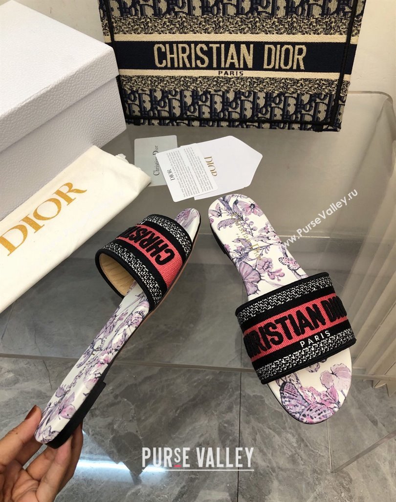 Dior Dway Flat Slide Sandals in Pink Embroidered Cotton with Toile de Jouy Mexico Motif NO.153 (MD-240326026)