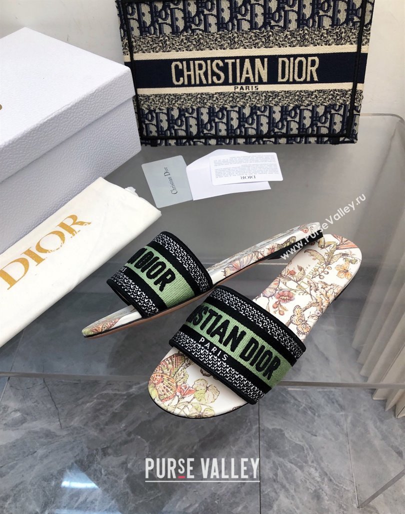 Dior Dway Flat Slide Sandals in Green Embroidered Cotton with Toile de Jouy Mexico Motif NO.152 (MD-240326027)