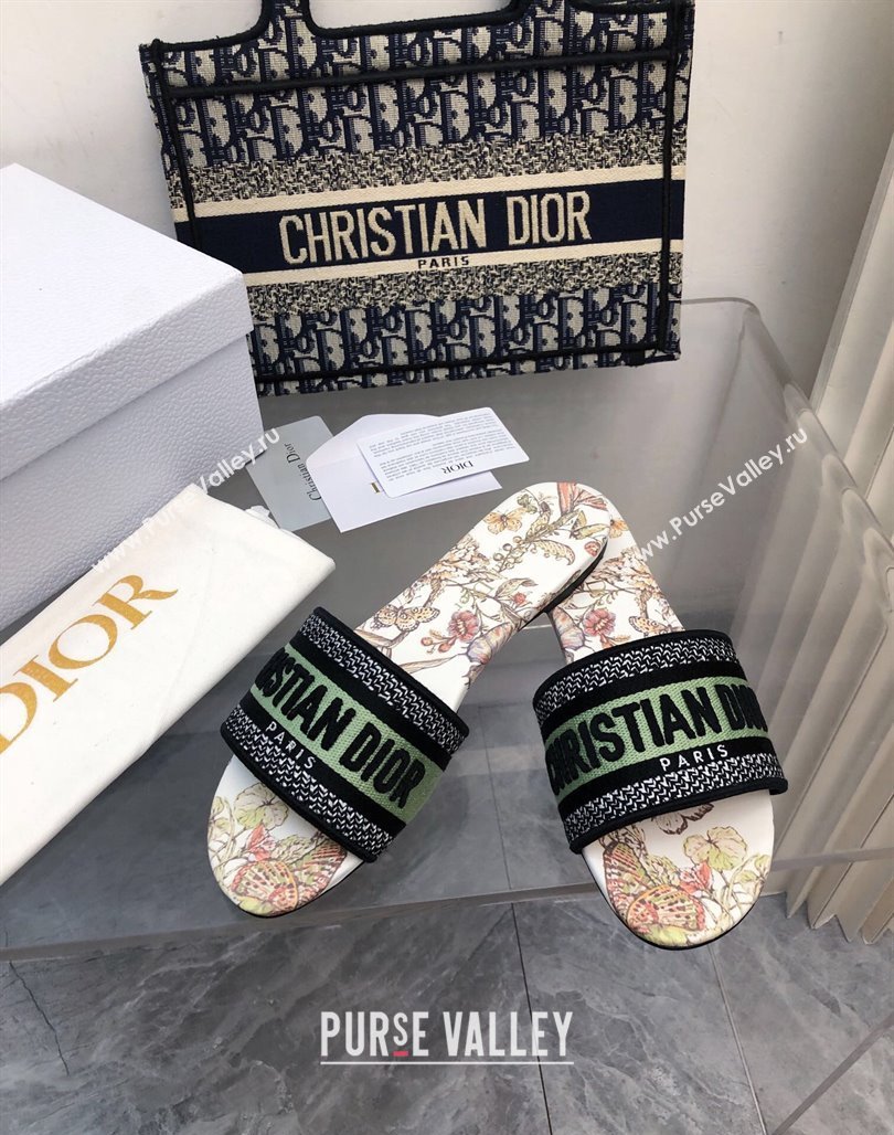 Dior Dway Flat Slide Sandals in Green Embroidered Cotton with Toile de Jouy Mexico Motif NO.152 (MD-240326027)