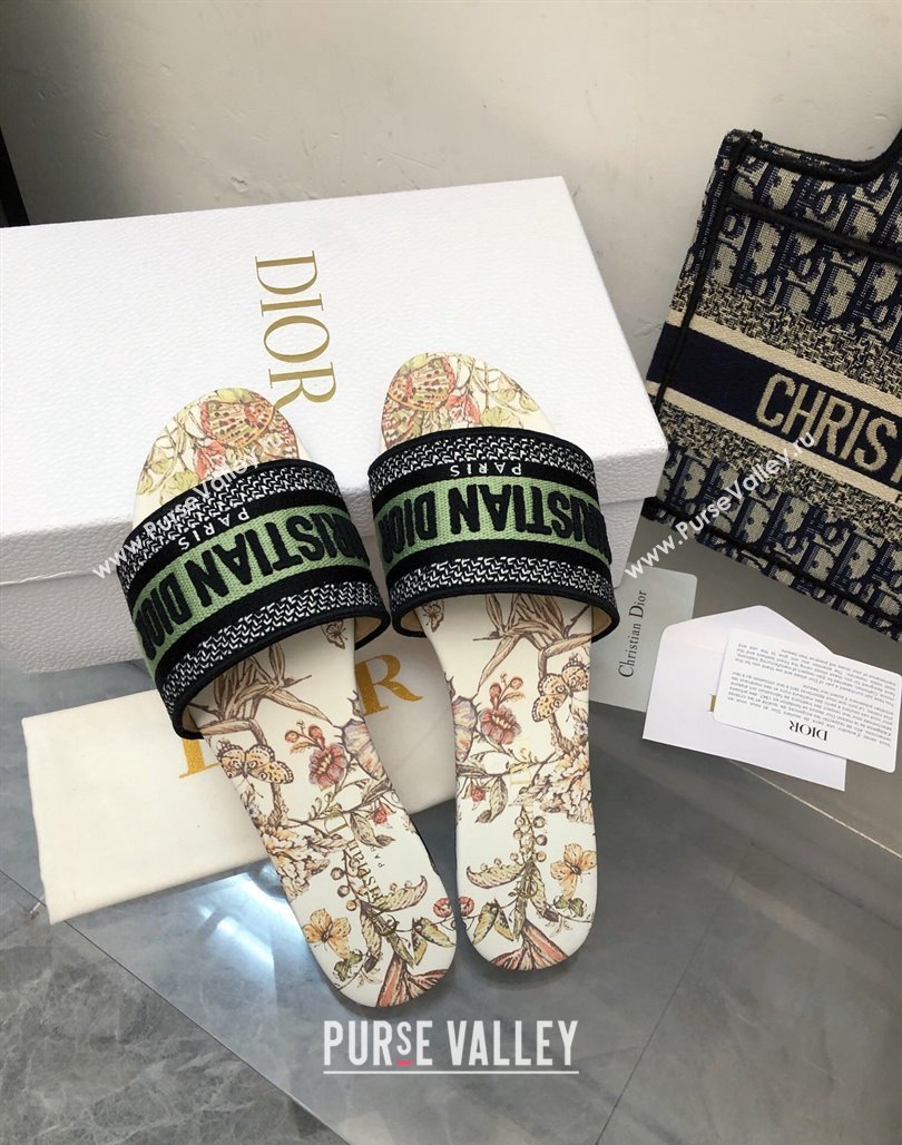 Dior Dway Flat Slide Sandals in Green Embroidered Cotton with Toile de Jouy Mexico Motif NO.152 (MD-240326027)