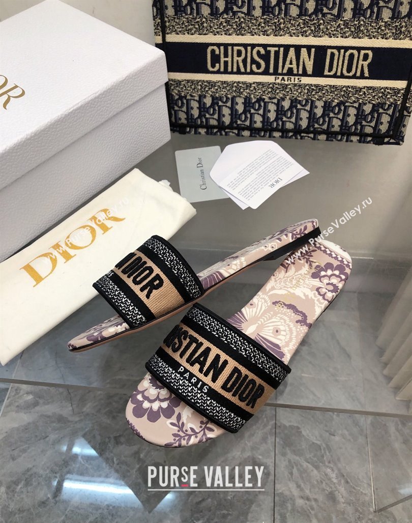 Dior Dway Flat Slide Sandals in Beige Embroidered Cotton with Butterfly Bandana Motif NO.151 (MD-240326028)