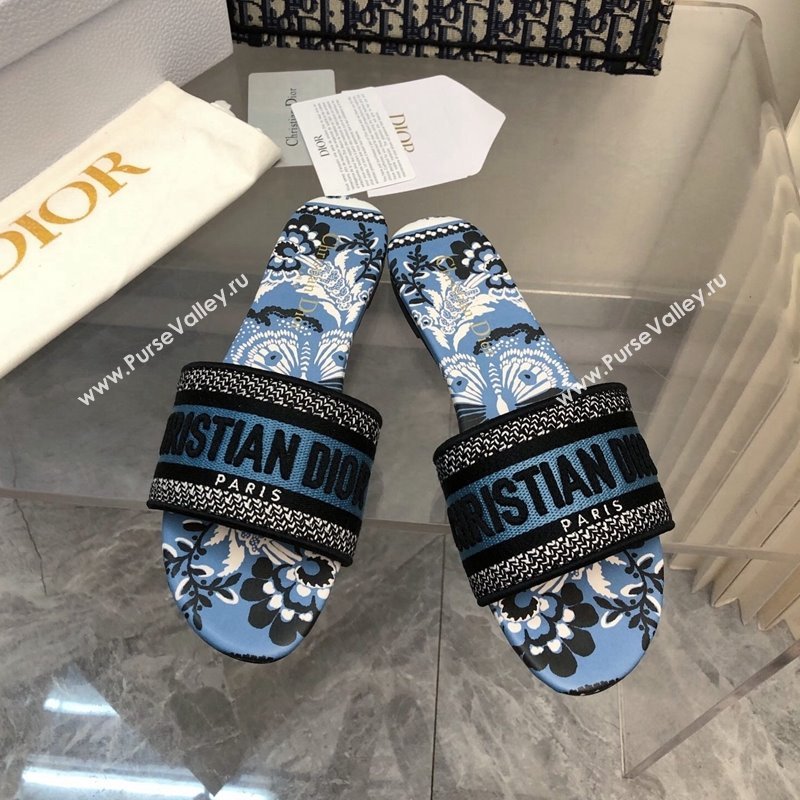 Dior Dway Flat Slide Sandals in Denim Blue Multicolor Embroidered Cotton with Butterfly Bandana Motif NO.150 (MD-240326029)