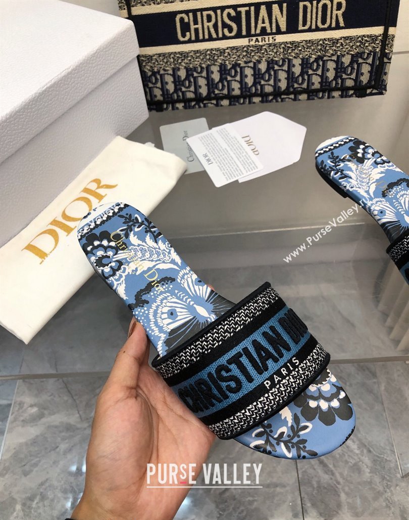 Dior Dway Flat Slide Sandals in Denim Blue Multicolor Embroidered Cotton with Butterfly Bandana Motif NO.150 (MD-240326029)