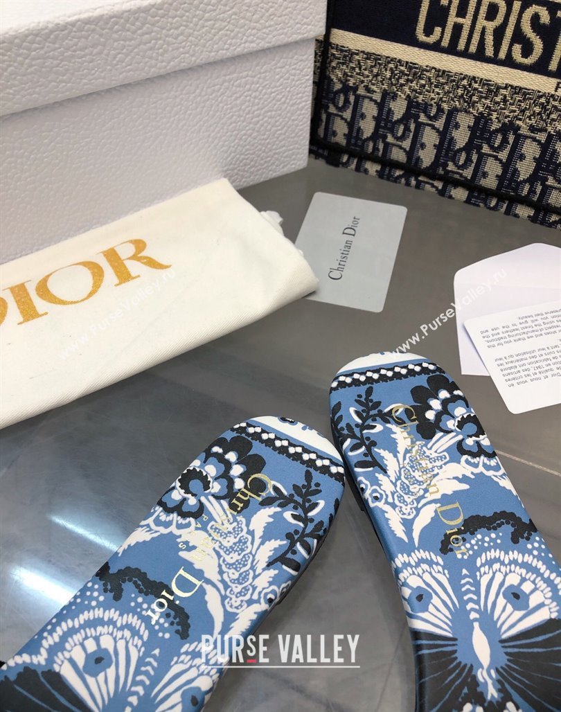 Dior Dway Flat Slide Sandals in Denim Blue Multicolor Embroidered Cotton with Butterfly Bandana Motif NO.150 (MD-240326029)