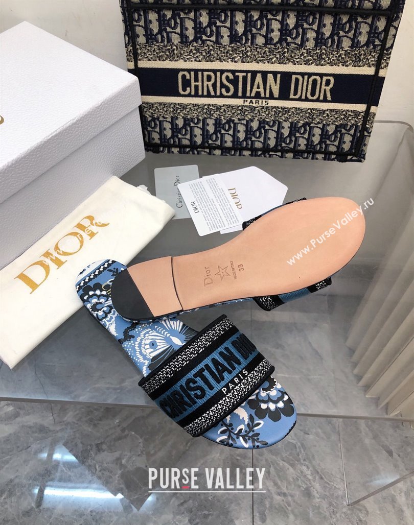 Dior Dway Flat Slide Sandals in Denim Blue Multicolor Embroidered Cotton with Butterfly Bandana Motif NO.150 (MD-240326029)