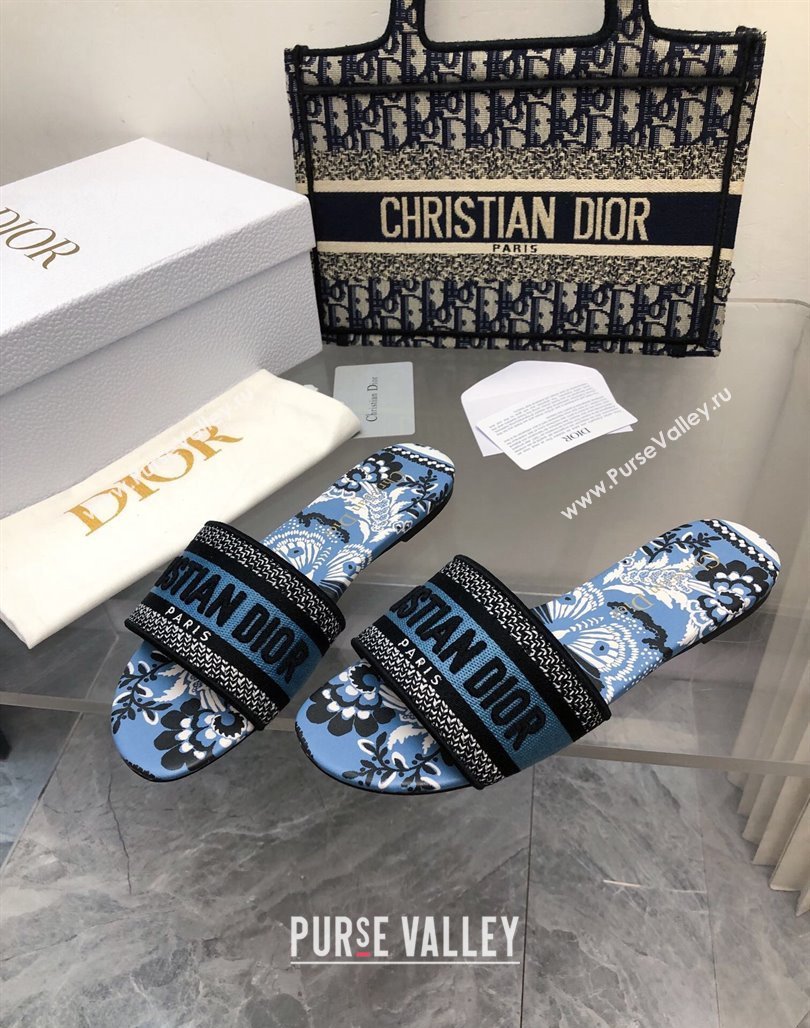 Dior Dway Flat Slide Sandals in Denim Blue Multicolor Embroidered Cotton with Butterfly Bandana Motif NO.150 (MD-240326029)