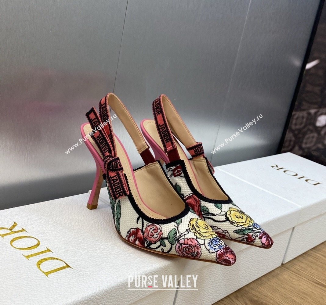 Dior JAdior Slingback Pumps 9.5cm in White and Pink Florilegio Embroidery 2024 (MD-240325140)