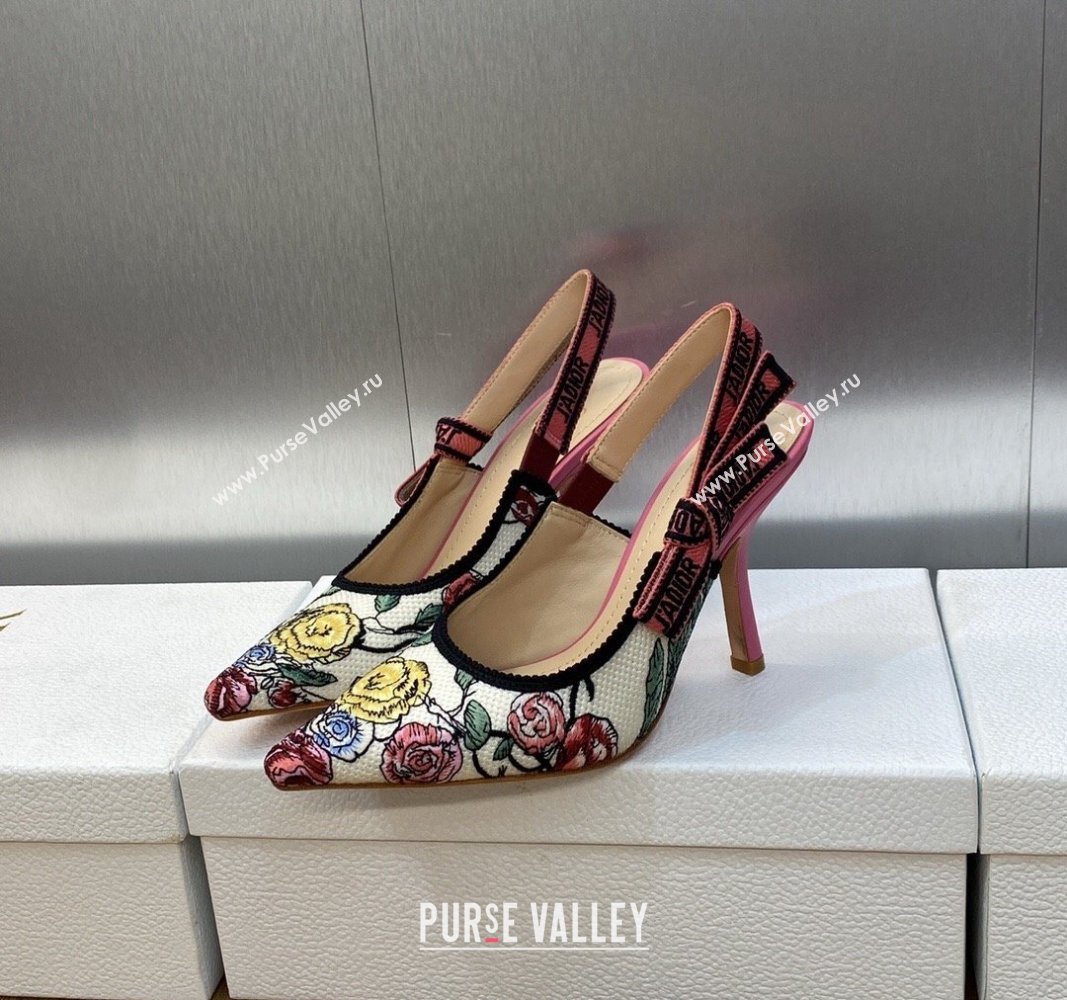 Dior JAdior Slingback Pumps 9.5cm in White and Pink Florilegio Embroidery 2024 (MD-240325140)