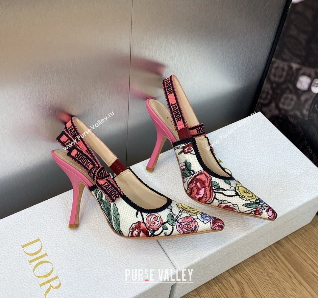 Dior JAdior Slingback Pumps 9.5cm in White and Pink Florilegio Embroidery 2024 (MD-240325140)