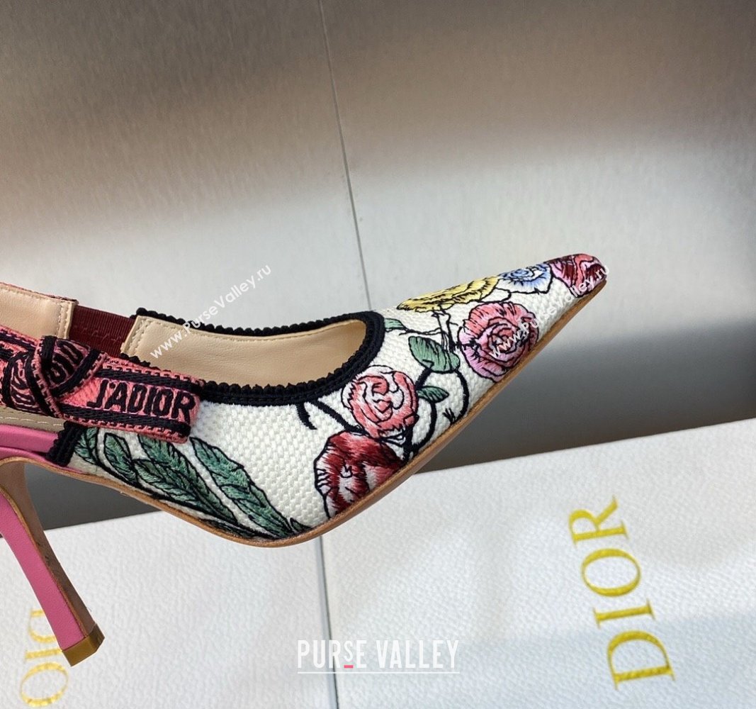 Dior JAdior Slingback Pumps 9.5cm in White and Pink Florilegio Embroidery 2024 (MD-240325140)