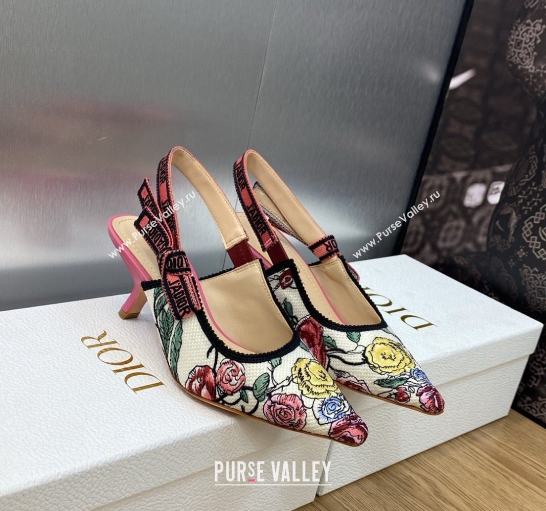 Dior JAdior Slingback Pumps 6.5cm in White and Pink Florilegio Embroidery 2024 (MD-240325141)