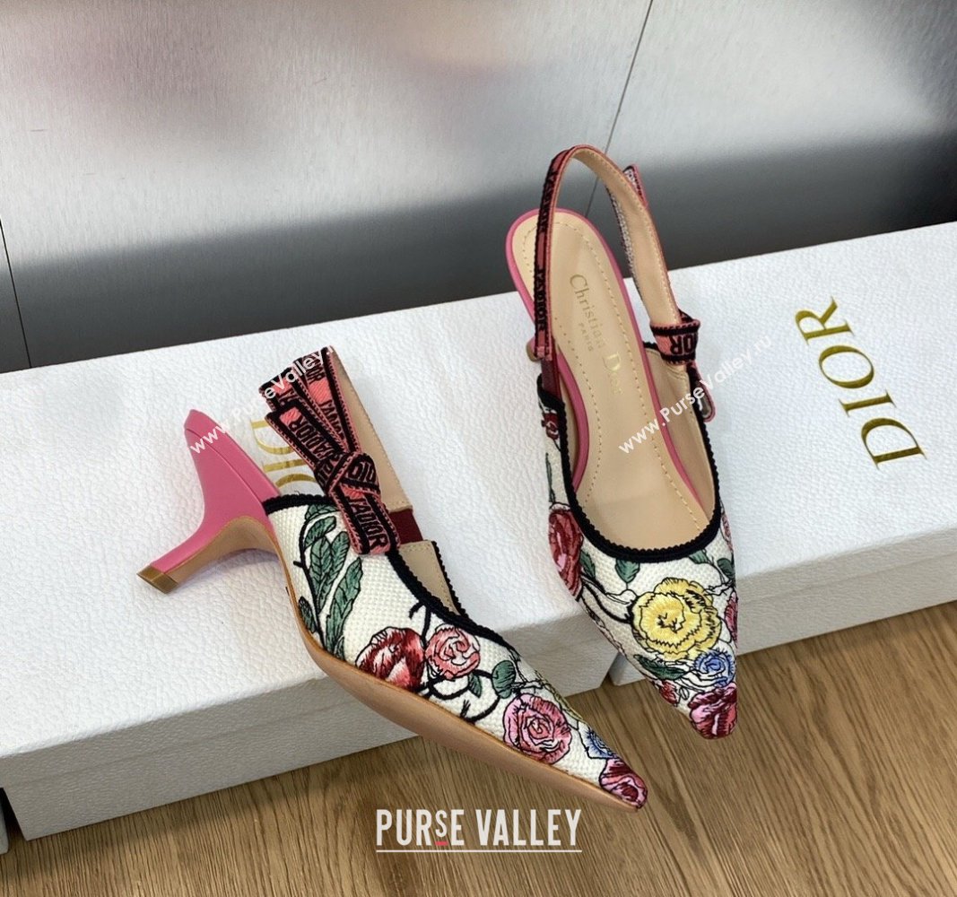 Dior JAdior Slingback Pumps 6.5cm in White and Pink Florilegio Embroidery 2024 (MD-240325141)