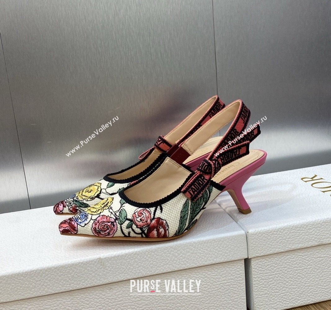 Dior JAdior Slingback Pumps 6.5cm in White and Pink Florilegio Embroidery 2024 (MD-240325141)