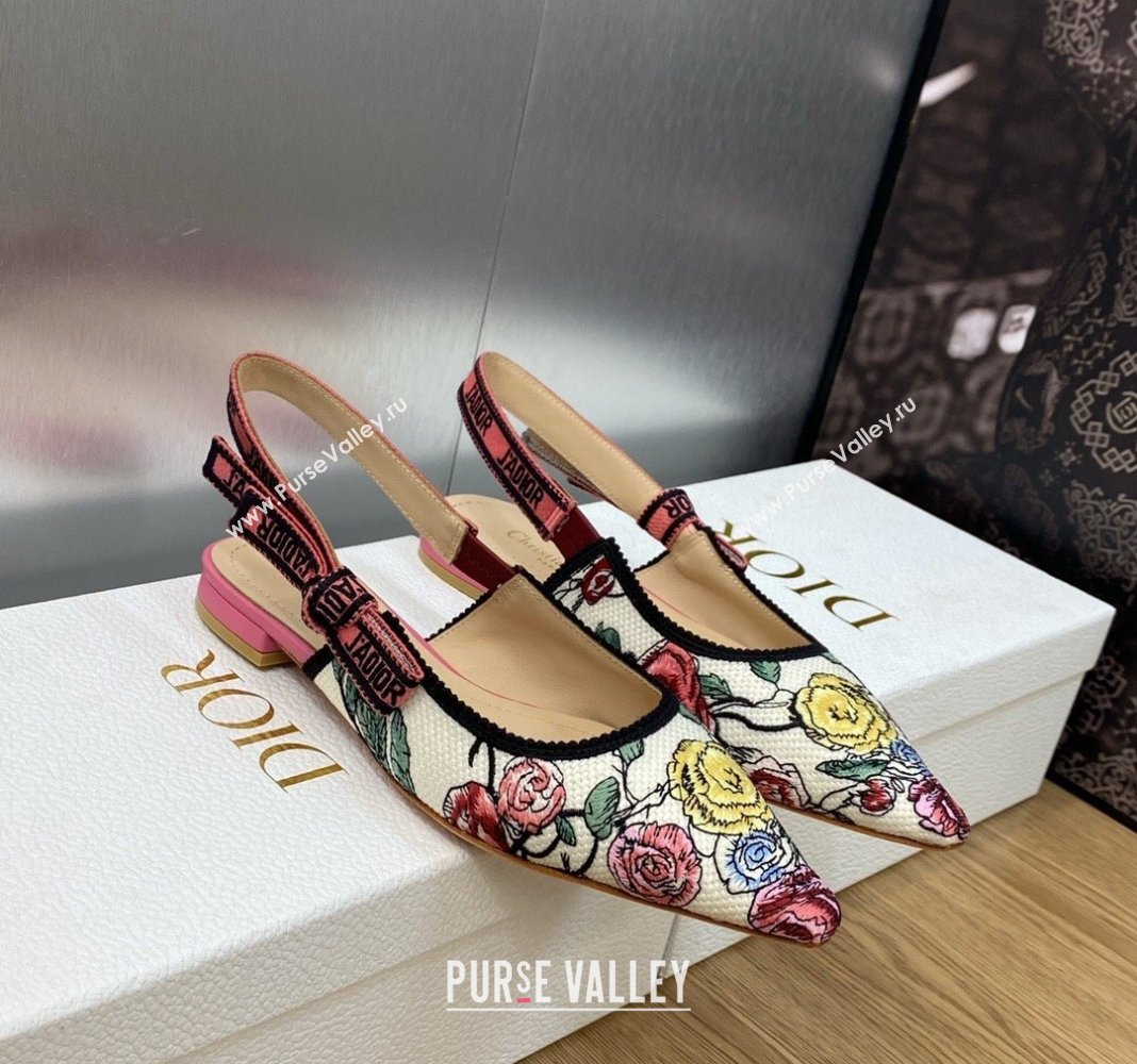 Dior JAdior Slingback Ballet Flat in White and Pink Florilegio Embroidery 2024 (MD-240325142)