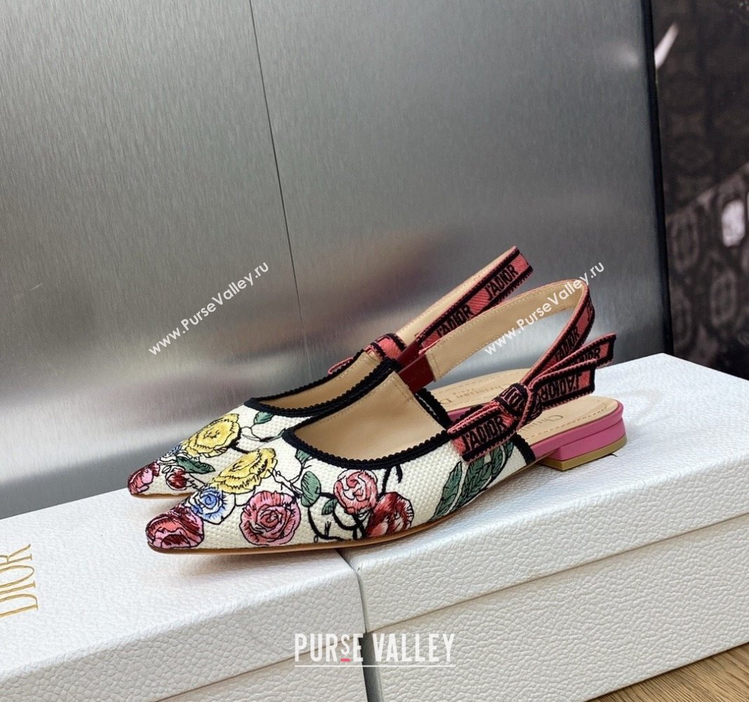 Dior JAdior Slingback Ballet Flat in White and Pink Florilegio Embroidery 2024 (MD-240325142)