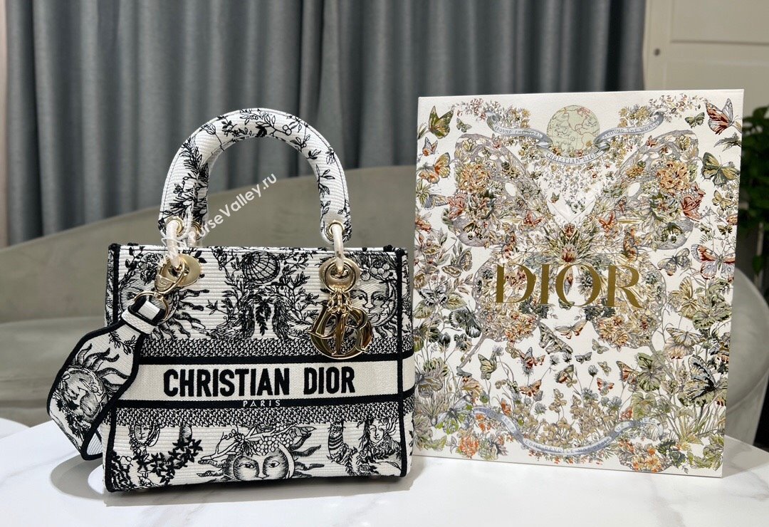 Dior Medium Lady D-Joy Bag in Toile de Jouy Soleil Embroidery White/Black 2024 (XXG-240415064)