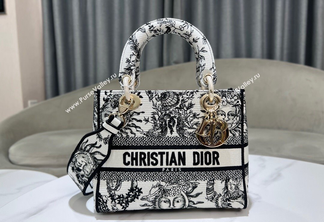 Dior Medium Lady D-Joy Bag in Toile de Jouy Soleil Embroidery White/Black 2024 (XXG-240415064)