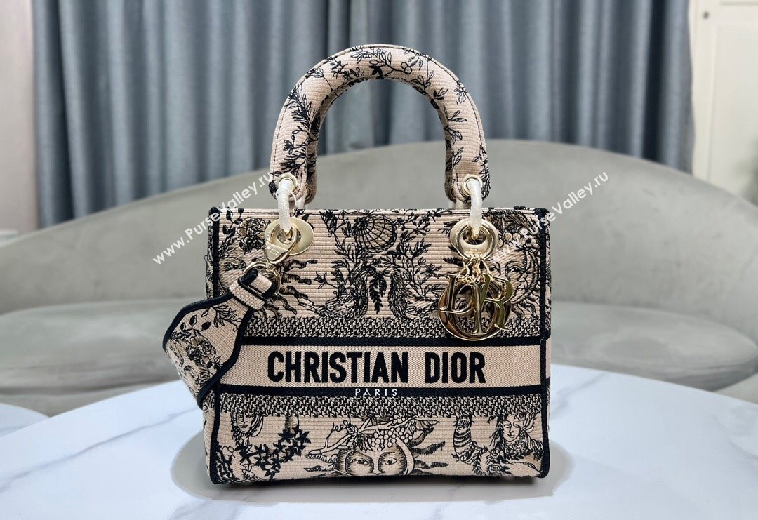 Dior Medium Lady D-Joy Bag in Toile de Jouy Soleil Embroidery Beige/Black 2024 (XXG-240415065)