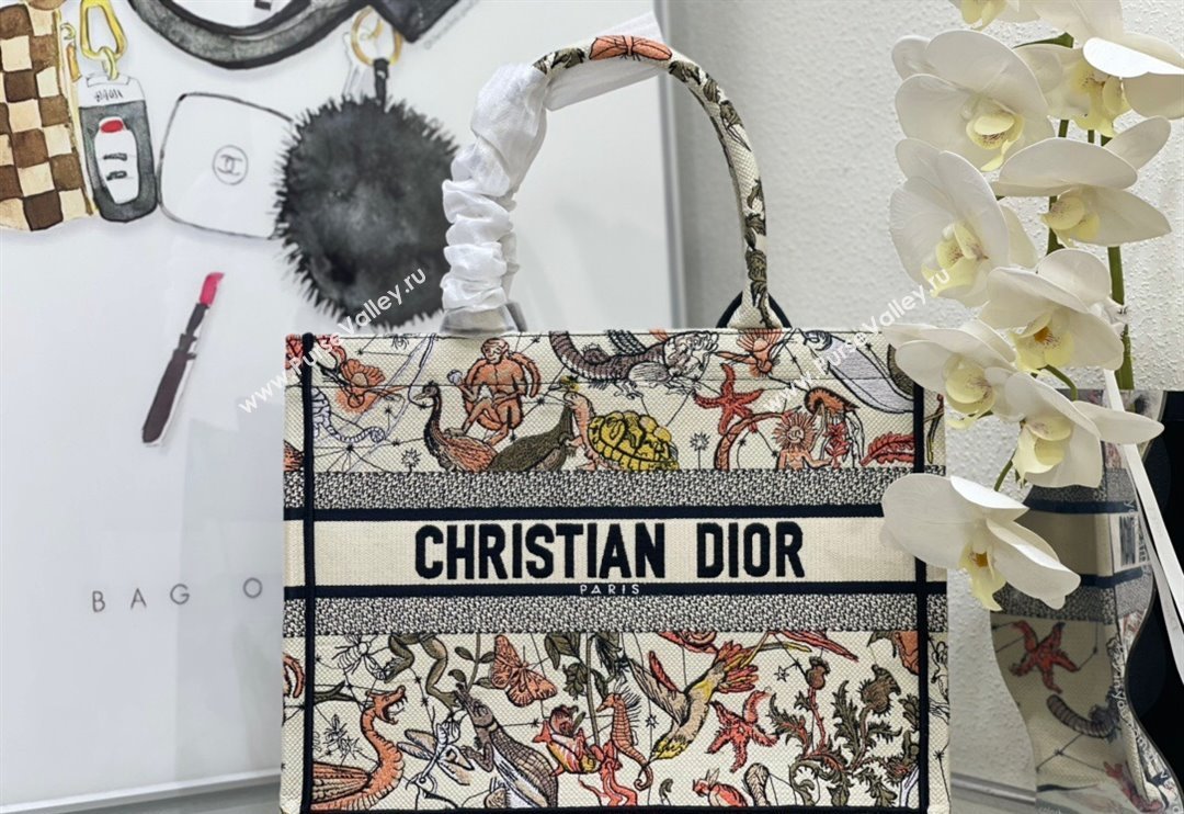 Dior Medium Book Tote Bag Bag in White Multicolor Animaux Fantastiques Embroidery 2024 (DMZ-240415081)