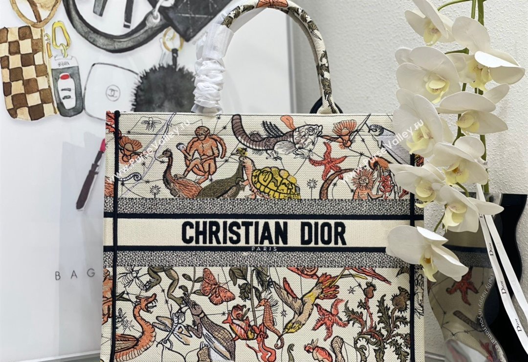 Dior Large Book Tote Bag Bag in White Multicolor Animaux Fantastiques Embroidery 2024 (DMZ-240415082)