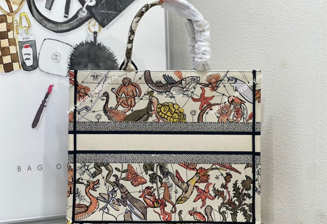 Dior Large Book Tote Bag Bag in White Multicolor Animaux Fantastiques Embroidery 2024 (DMZ-240415082)