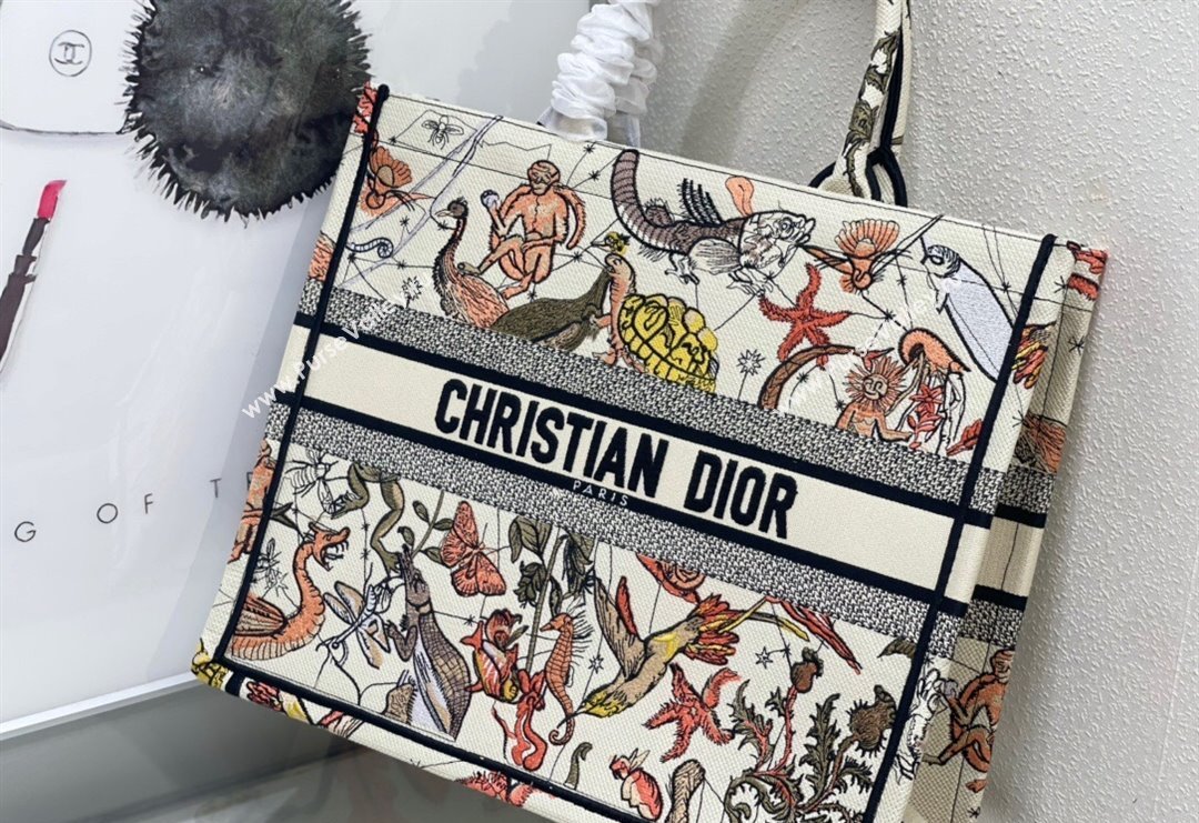 Dior Large Book Tote Bag Bag in White Multicolor Animaux Fantastiques Embroidery 2024 (DMZ-240415082)