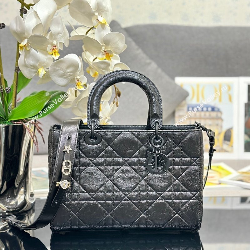 Dior Medium Lady D-Sire My ABCDior Tote Bag in Black Macrocannage Crinkled Calfskin 2024 (XXG-240415100)