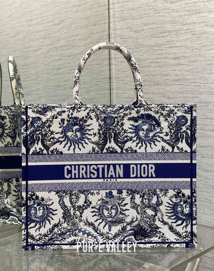 Dior Large Book Tote Bag Bag in Toile de Jouy Soleil Embroidery White/Blue 2024 (XXG-240415086)