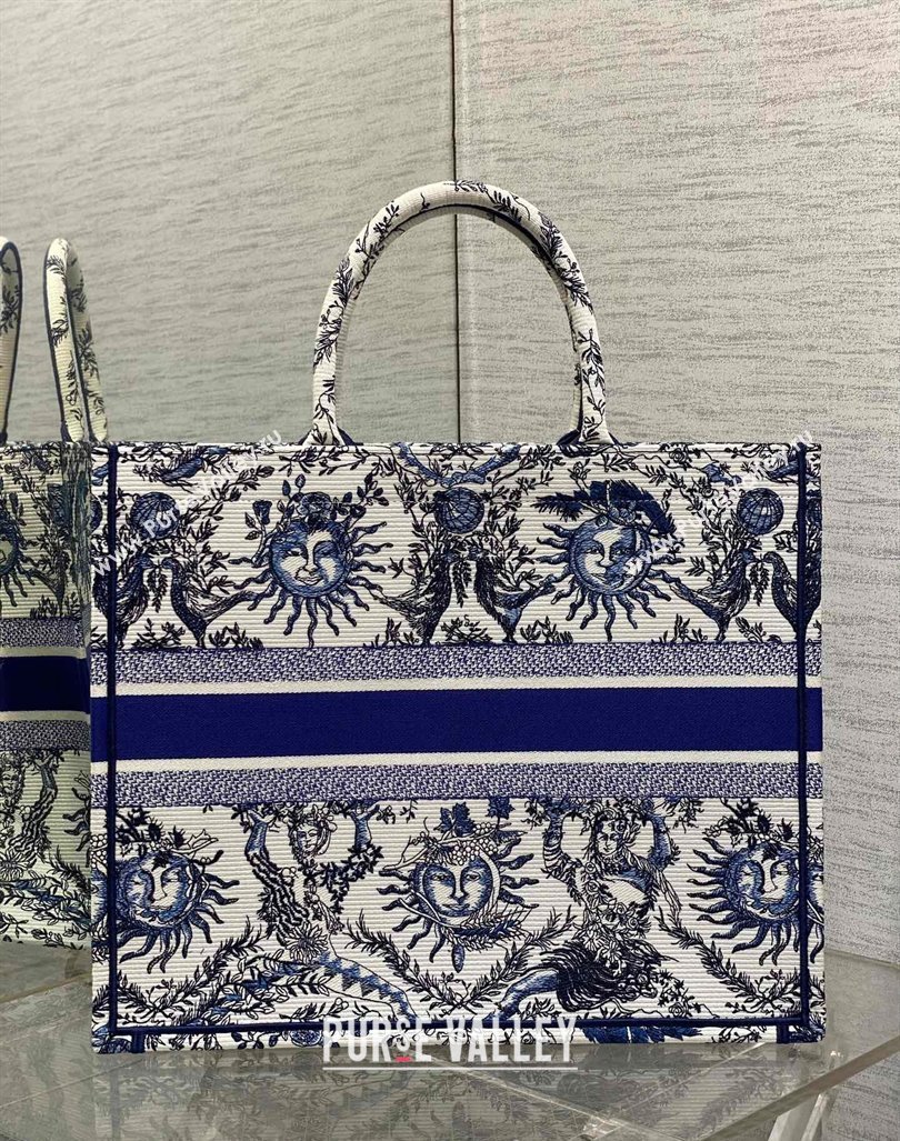 Dior Large Book Tote Bag Bag in Toile de Jouy Soleil Embroidery White/Blue 2024 (XXG-240415086)