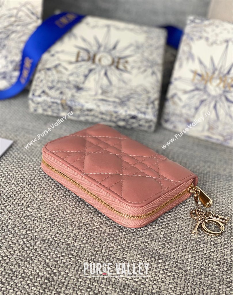 Dior Small Lady Dior Voyageur Coin Purse Wallet in Cannage Lambskin Pink2 2024 (XXG-240415110)