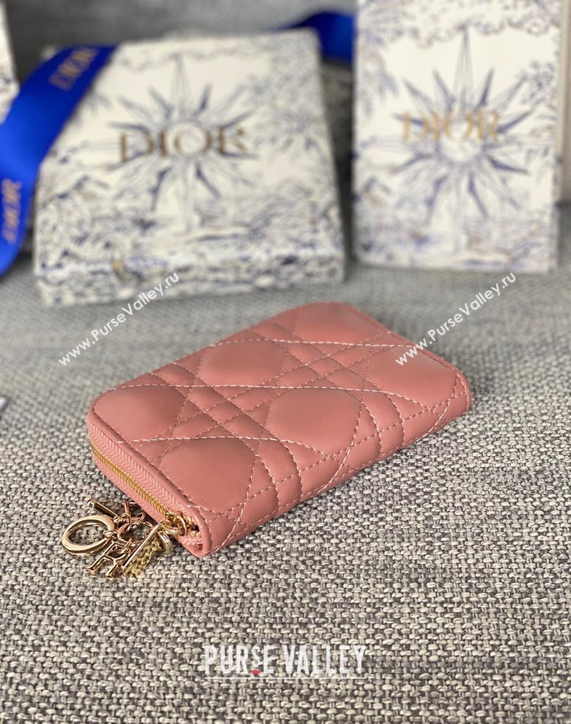 Dior Small Lady Dior Voyageur Coin Purse Wallet in Cannage Lambskin Pink2 2024 (XXG-240415110)
