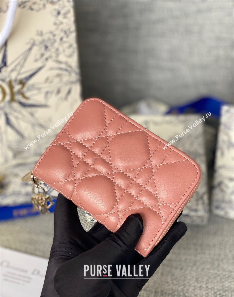Dior Small Lady Dior Voyageur Coin Purse Wallet in Cannage Lambskin Pink2 2024 (XXG-240415110)