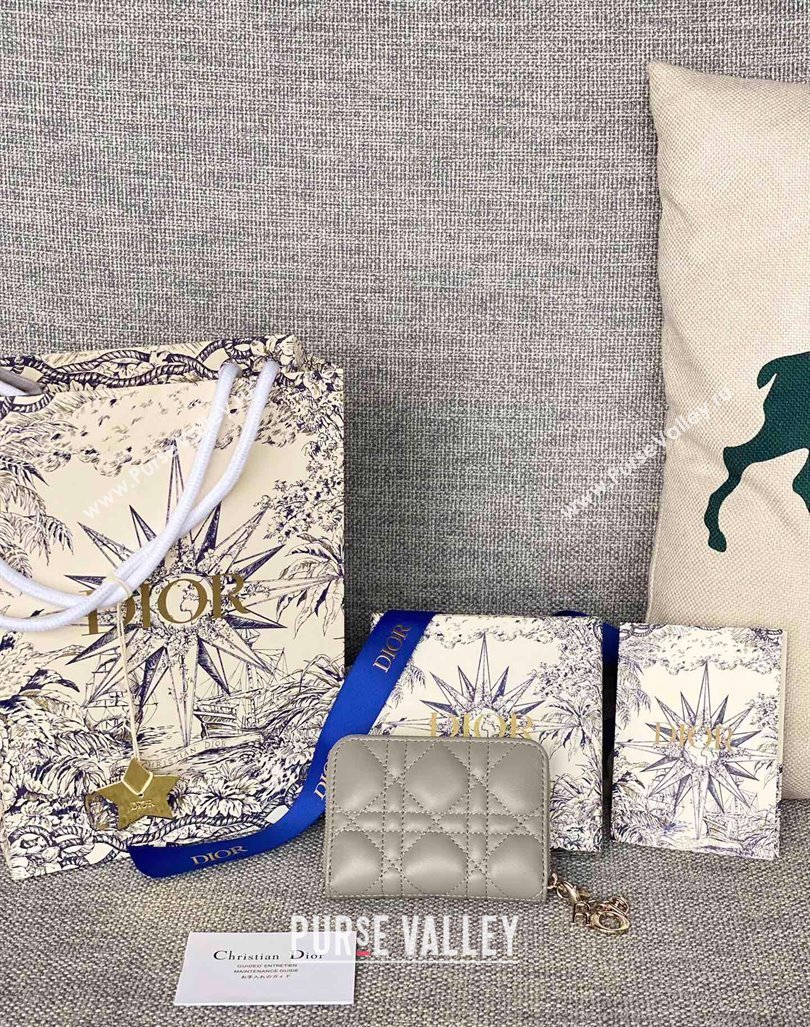 Dior Small Lady Dior Voyageur Coin Purse Wallet in Cannage Lambskin Grey 2024 (XXG-240415111)