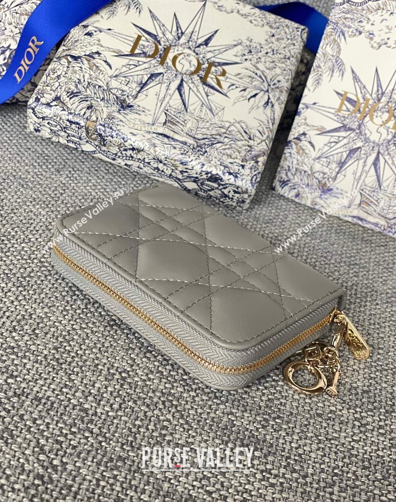 Dior Small Lady Dior Voyageur Coin Purse Wallet in Cannage Lambskin Grey 2024 (XXG-240415111)