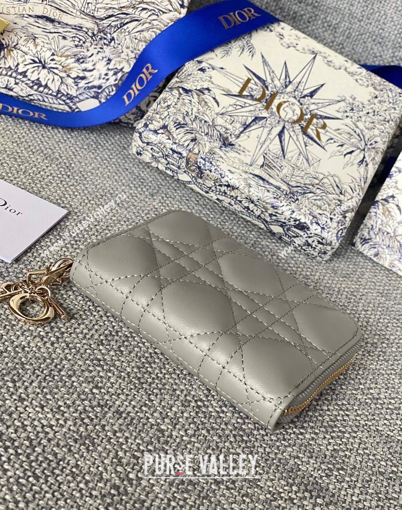 Dior Small Lady Dior Voyageur Coin Purse Wallet in Cannage Lambskin Grey 2024 (XXG-240415111)
